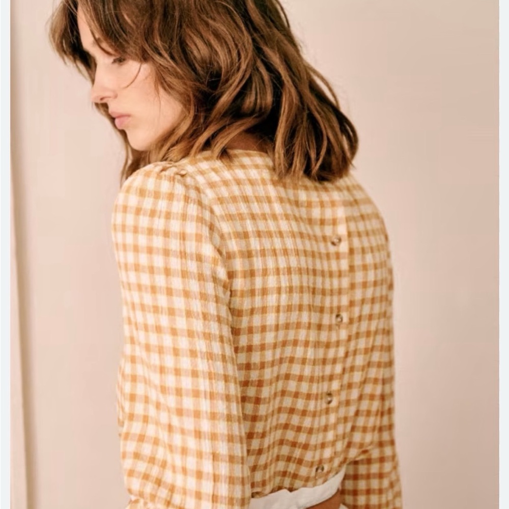 Sezane Tan Checkered Button-Back Blouse